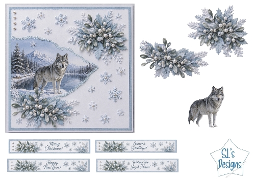 Winter Wolf Christmas Card Kit – Mistletoe, Snowflakes & Mountain Lake