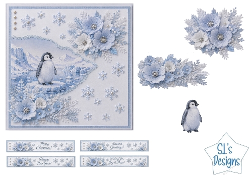 Winter Penguin Christmas Card Kit – Blue & White Flowers, Snowflakes & Icy Landscape
