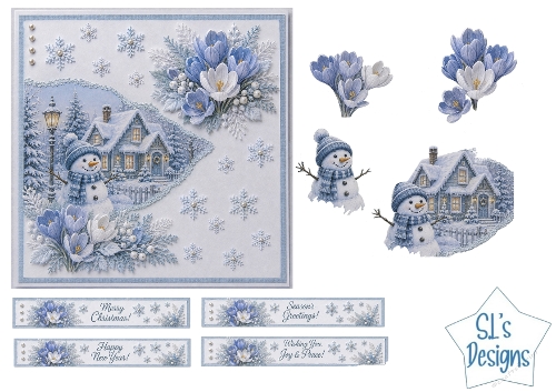 Snowman Winter Christmas Card Kit – Blue Crocuses, Snowy Cottage & Snowflakes