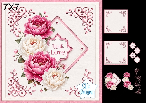 Beautiful Peonies Card Kit – Pink & White Peony Flowers, With Love & Sentiments