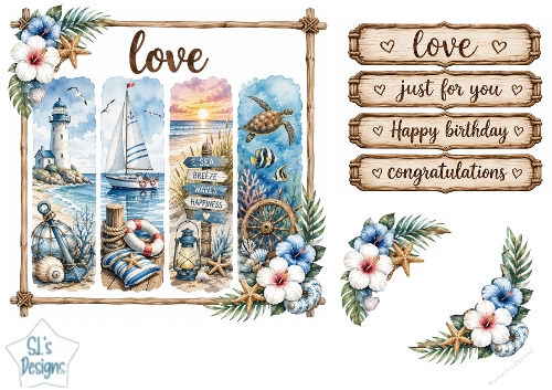 Nautical Watercolor Beach & Ocean Panel Card Topper