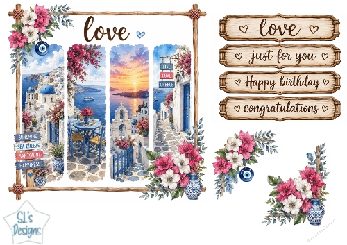 Santorini Sunset Floral Panel Card Topper