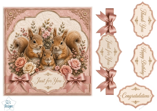 Charming Squirrels Floral Panel Card Topper