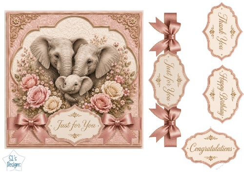 Elegant Elephant Family Floral Panel Card Topper