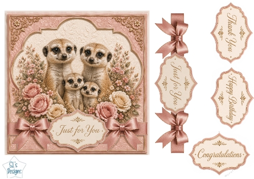 Meerkat Family Floral Panel Card Topper