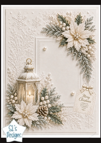 Elegant Lantern & Poinsettias Embossed Christmas Card Topper