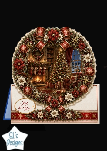 Cozy Christmas Living Room Wreath Card Topper