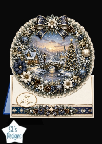 Blue & Gold Winter Village Wreath Card Topper