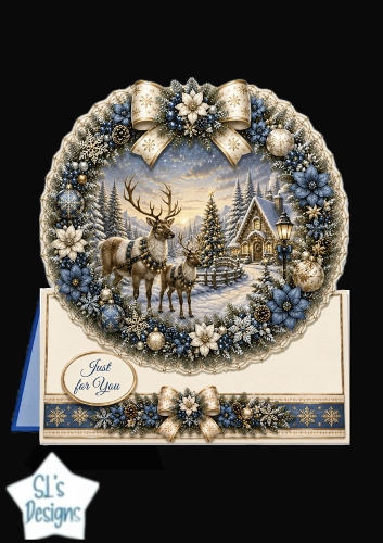 Blue & Gold Reindeer Winter Wreath Card Topper