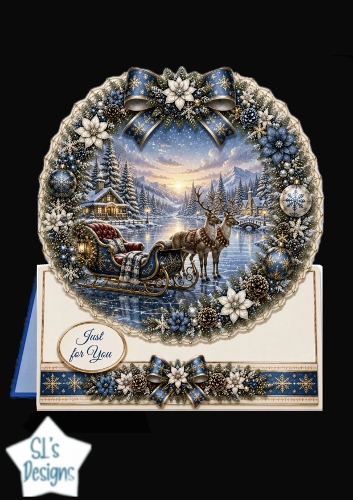 Blue & Gold Reindeer Sleigh Winter Wreath Card Topper