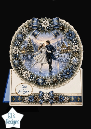Blue & White Ice Skating Winter Wreath Card Topper