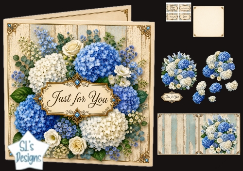 Blue & White Floral Just for You Rustic Card Topper