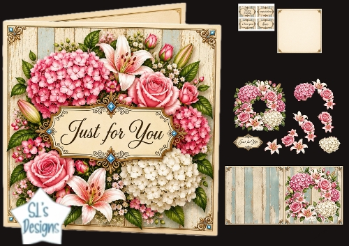 Romantic Pink Floral Just for You Rustic Card Topper