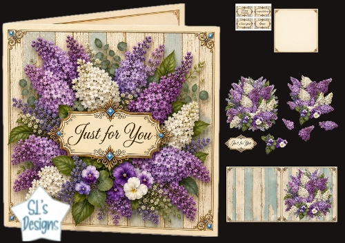 Purple Lilac & Pansy Just for You Rustic Card Topper