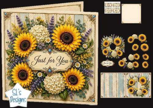 Sunflower & Hydrangea Just for You Rustic Card Topper