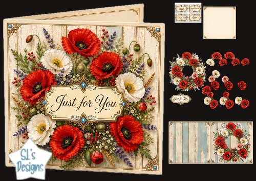 Red Poppy & Wheat Just for You Rustic Card Topper