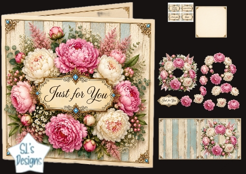 Pink Peony Just for You Rustic Floral Card Topper