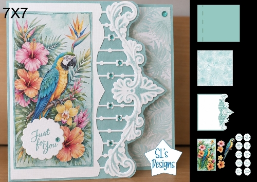 Tropical Parrot and Hibiscus 7x7 Card Kit with Just For You Tag