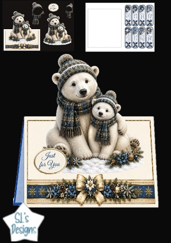 Blue & Gold Winter Bears Just for You Card Topper