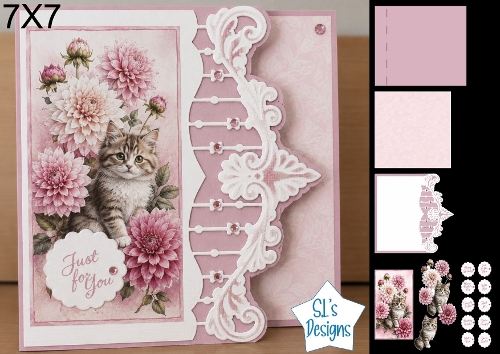 Pink Dahlia Kitten 7x7 Card Kit with Just For You Sentiment