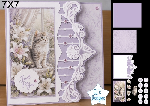 Window Kitten and Lilies 7x7 Card Kit with Just For You Tag