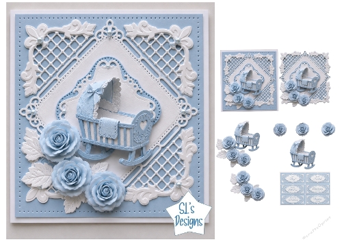 Blue Baby Cradle 7x7 Card Kit with Floral Embellishments and Sentiment Labels