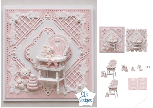 Pink Baby High Chair 7x7 Card Kit with Bunny, Teddy and Cute Baby Elements