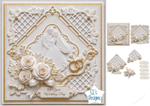 Elegant Wedding Couple 7x7 Card Kit with Gold Rings and Sentiment Labels