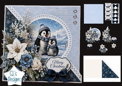 Blue & Cream Penguins Merry Christmas Winter Topper
