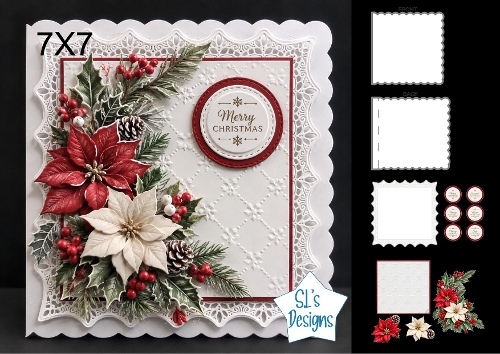 Elegant 7x7 Merry Christmas Poinsettia Card Topper with Festive Frame