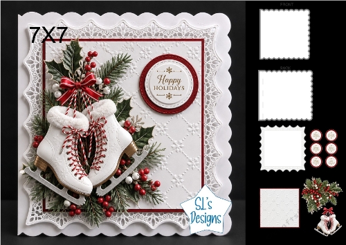 Elegant 7x7 Happy Holidays Ice Skates Christmas Card Topper
