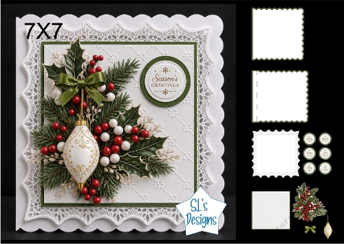 Elegant 7x7 Seasons Greetings Christmas Card Topper with Ornament & Green Bow