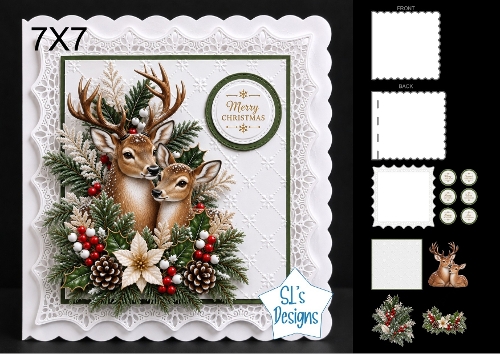 Elegant 7x7 Merry Christmas Deer Card Topper with Winter Foliage