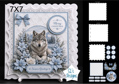 Elegant 7x7 Merry Christmas Wolf Card Topper with Winter Foliage