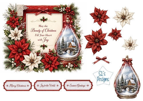 Elegant Christmas Poinsettia Frame Topper with Winter Scene Ornament