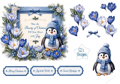 Cute Christmas Penguin Frame Topper with Blue Winter Florals
