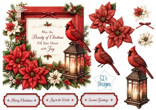Elegant Christmas Cardinal & Poinsettia Frame Topper with Lanterns