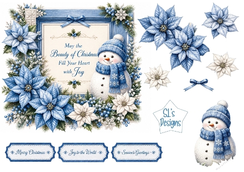 Cute Christmas Snowman Frame Topper with Blue Winter Florals