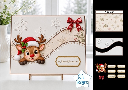 Cute Merry Christmas Reindeer Card Topper with Wavy Borders & Holiday Labels