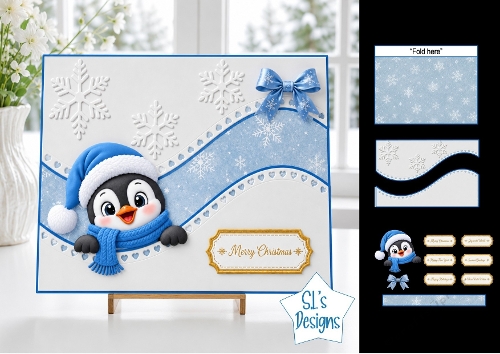 Cute Merry Christmas Penguin Card Topper with Blue Wavy Borders & Holiday Labels