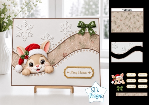 Cute Merry Christmas Bunny Card Topper with Wavy Borders & Holiday Labels