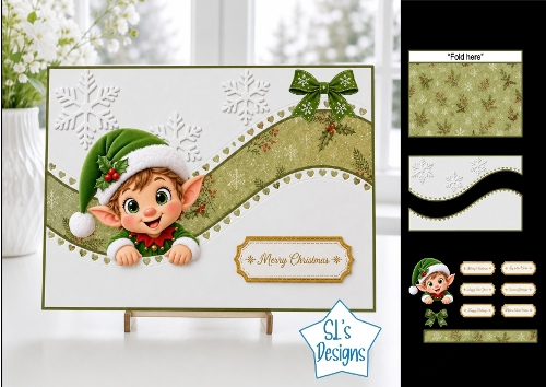 Cute Merry Christmas Elf Card Topper with Wavy Borders & Holiday Labels