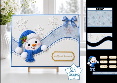 Cute Merry Christmas Snowman Card Topper with Blue Wavy Borders & Holiday Labels
