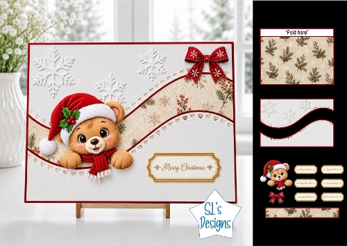 Cute Merry Christmas Bear Card Topper with Wavy Borders & Holiday Labels