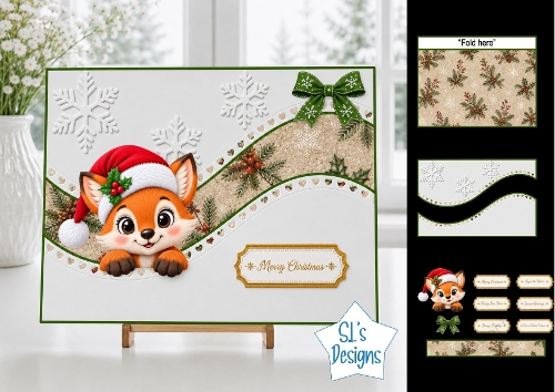 Cute Merry Christmas Fox Card Topper with Wavy Borders & Holiday Labels