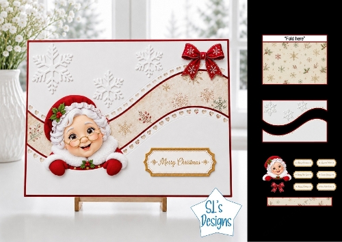 Cute Merry Christmas Mrs Claus Card Topper with Wavy Borders & Holiday Labels