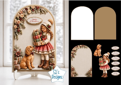 Vintage Christmas Child & Dog Arch Topper with Gifts, Florals & Holiday Labels