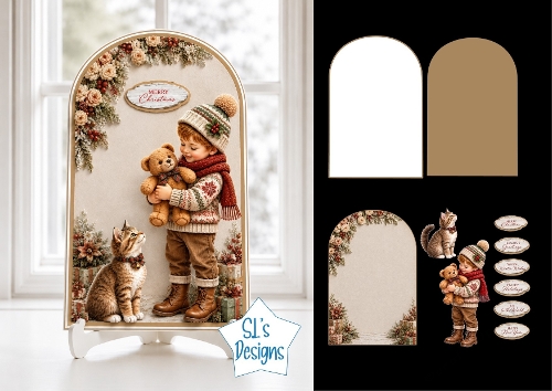 Cute Christmas Child, Cat & Teddy Bear Arch Topper with Florals & Holiday Labels