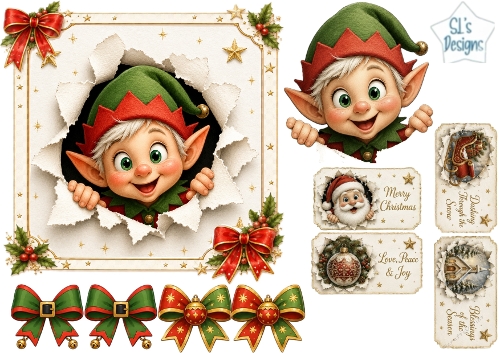 Cheerful Christmas Elf Peek‑Through – Festive Tags & Holiday Elements Card Kit