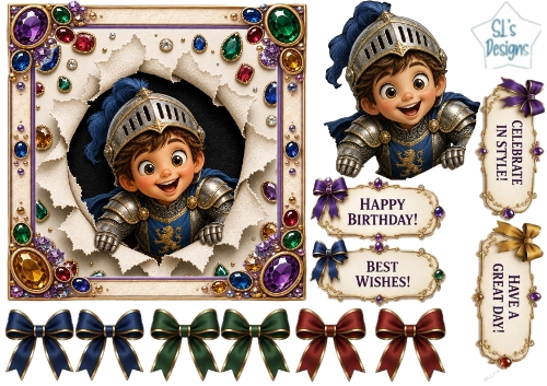 Knight Birthday Adventure – Gemstone Peek‑Through & Party Tags Card Kit